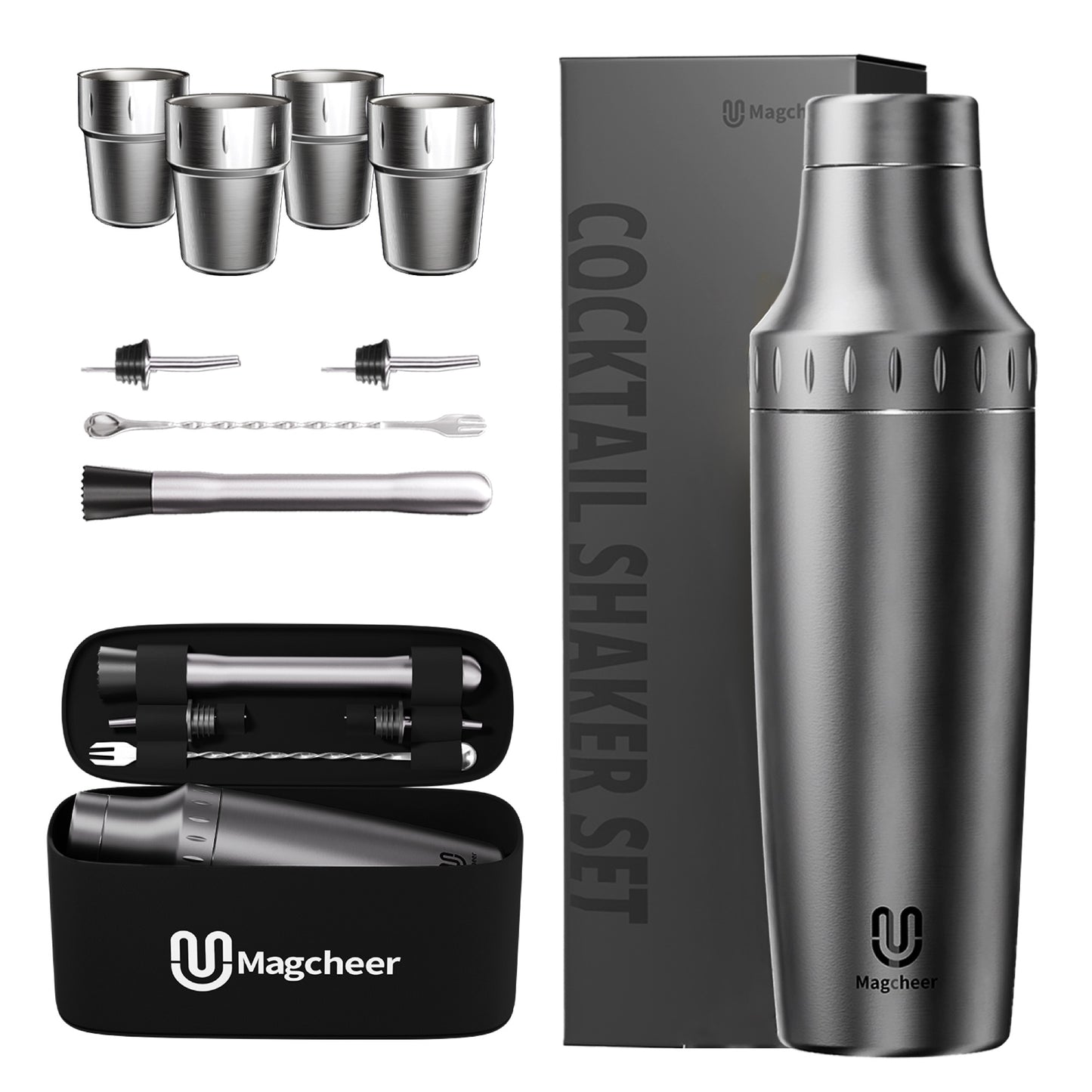 Magcheer cocktail shaker with stackable cups - gunmetal gray main