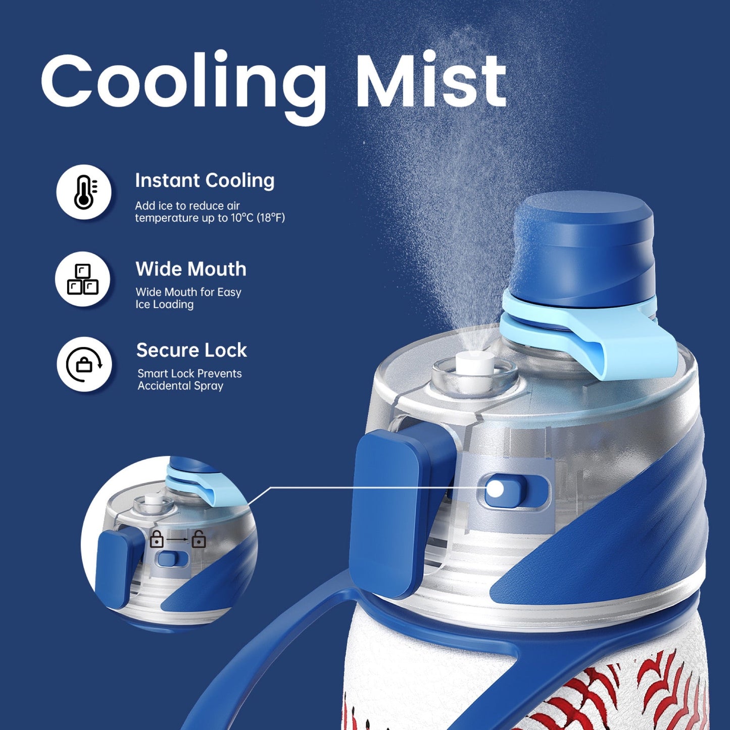 Baseball cooling mist water bottle 20oz detail 2