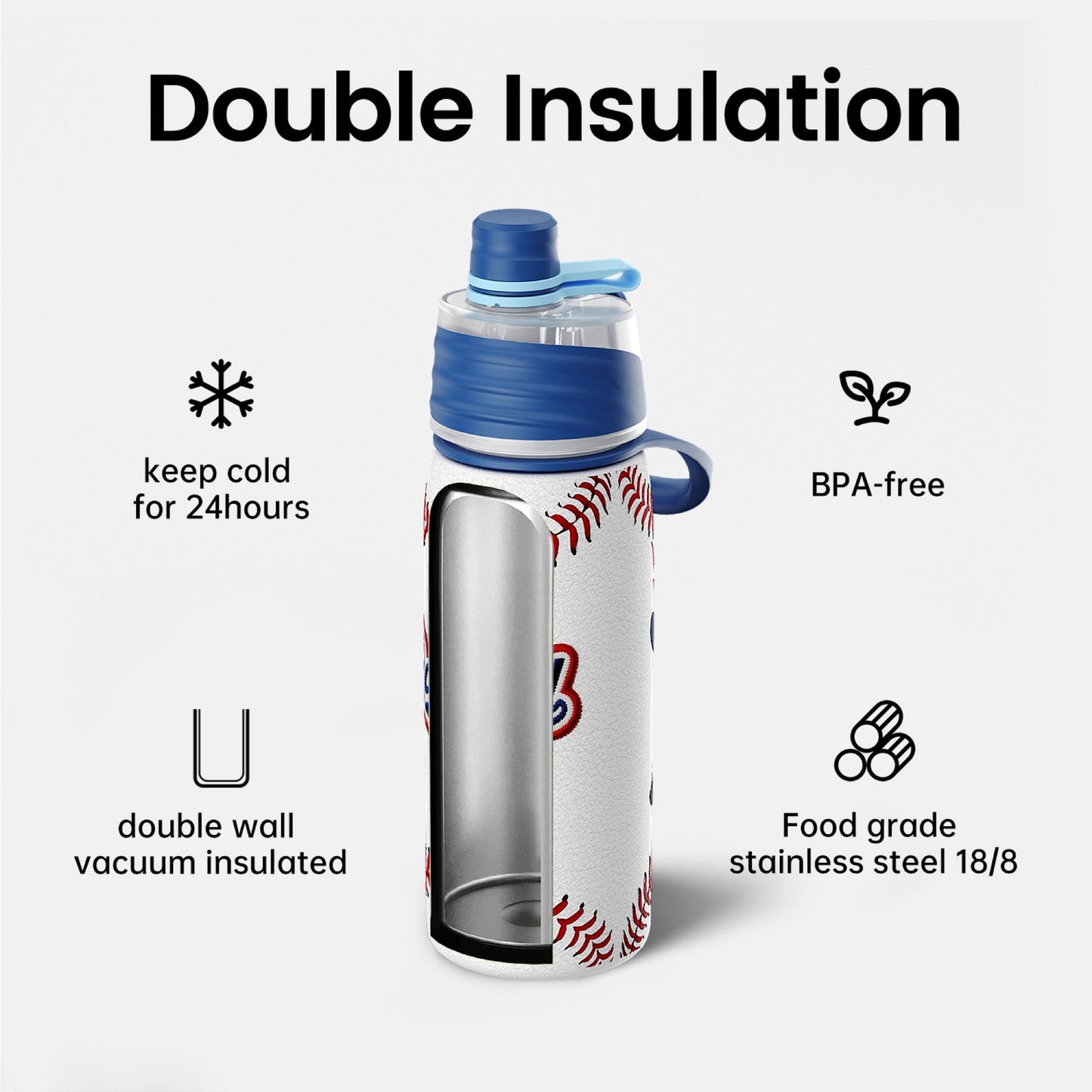 Baseball cooling mist water bottle 20oz detail 3