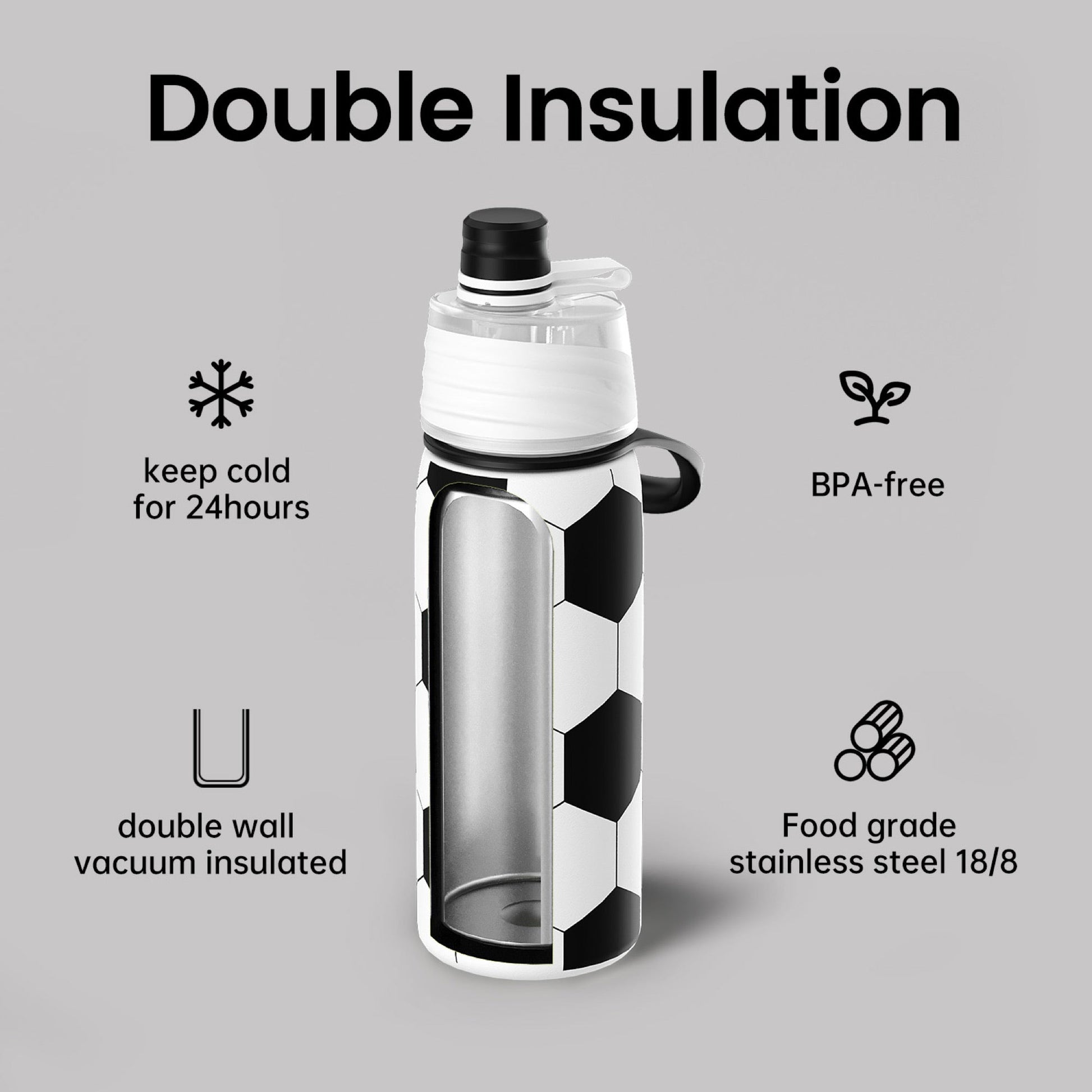 Soccer cooling mist water bottle 20oz detail 3