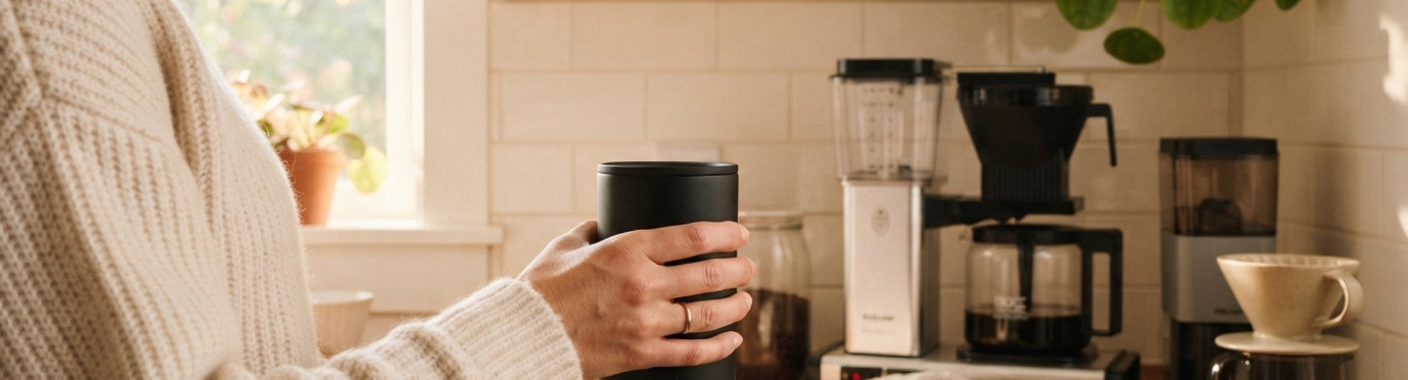 A person holding a black Magcheer tumbler in a sunlit kitchen