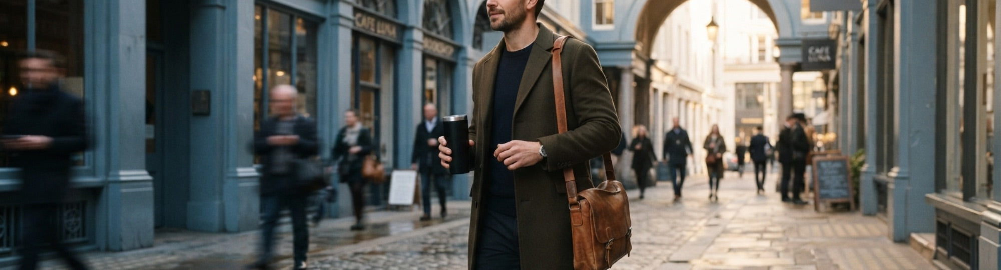 A commuter carrying a black Magcheer tumbler through the city