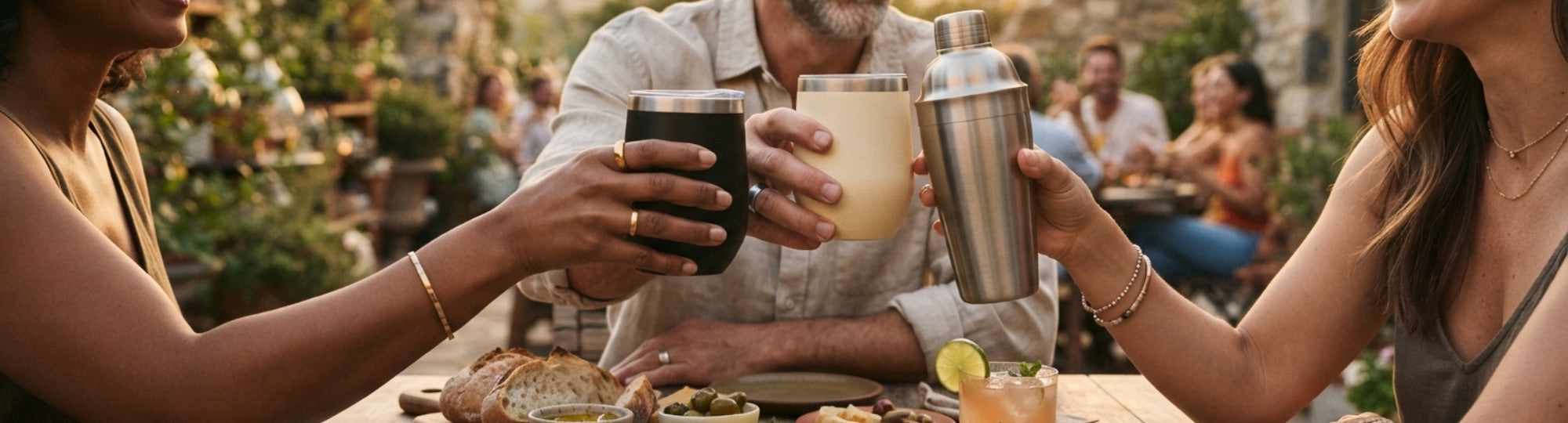 Friends sharing drinks in Magcheer cups and a cocktail shaker