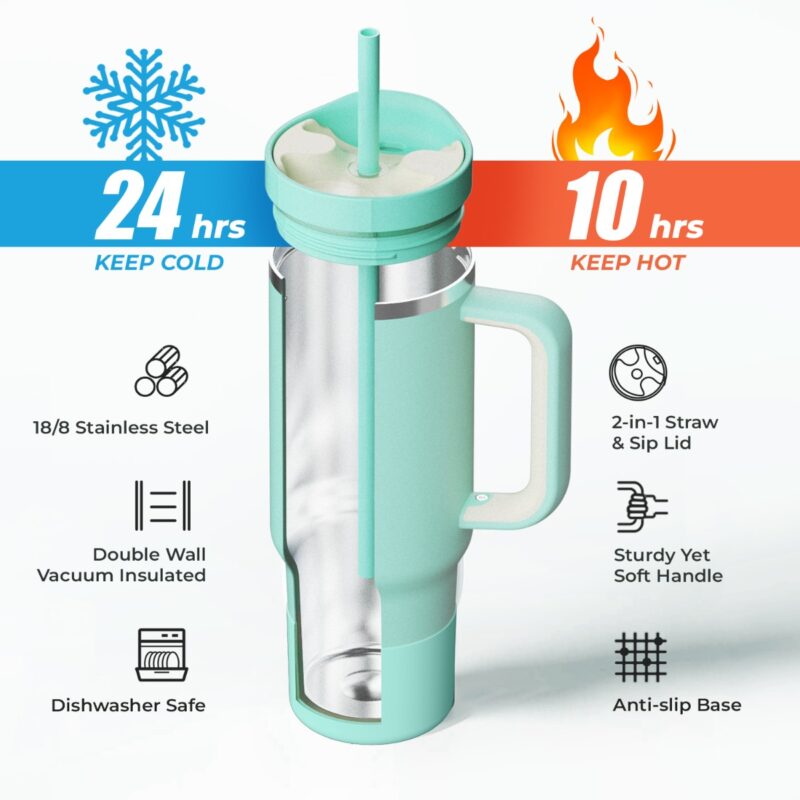 Double-walled vacuum insulated stainless steel tumbler with straw and handle, mint green