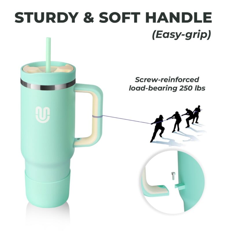 turdy and soft handle on a water bottle, designed for easy grip. The handle is screw-reinforced and can withstand a load of 250 lbs