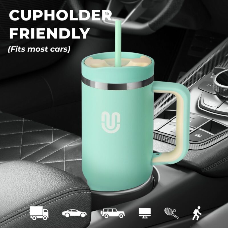 Water bottle fitting perfectly in a car cupholder. It's designed to fit most standard car cupholders for easy and convenient use on the go.