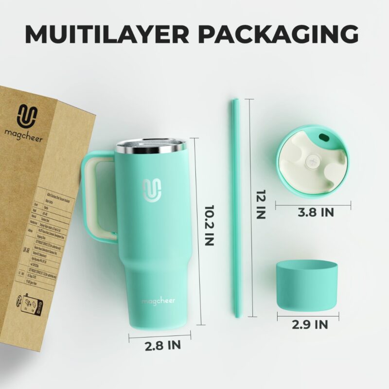 Multilayer packaging for the water bottle, including a box, straw, lid, and a protective sleeve. The dimensions of each component are displayed for easy reference.