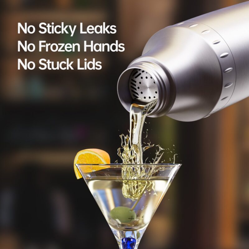 A stainless steel cocktail shaker pouring a perfectly chilled martini into a glass. No sticky leaks, no frozen hands, no stuck lids!