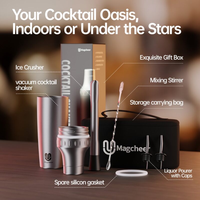 The complete Magcheer cocktail shaker set laid out on a countertop, including a vacuum shaker, ice crusher, muddler, mixing stirrer, liquor pourers, a spare silicone gasket, and a storage carrying bag.