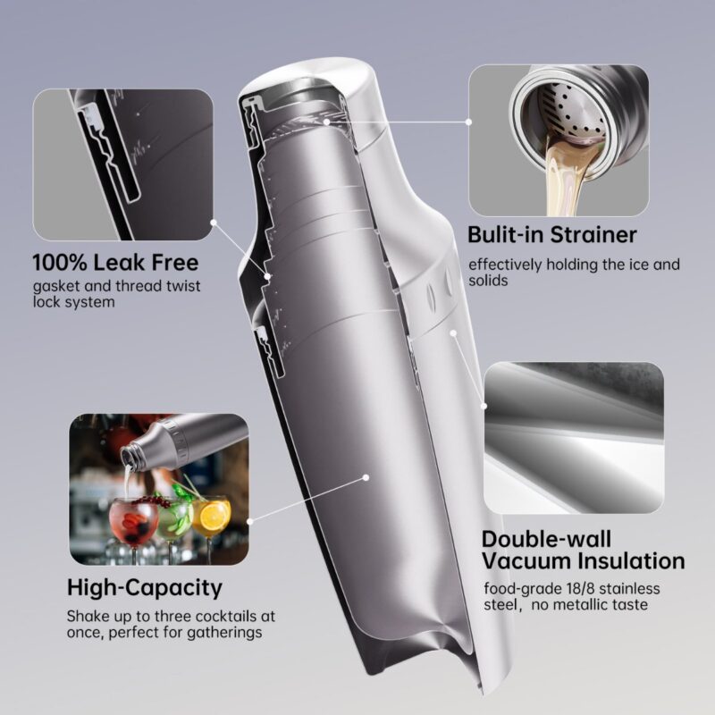 "A detailed diagram of a cocktail shaker highlighting its key features: a leak-proof gasket and twist lock system, a built-in strainer, double-wall vacuum insulation, and high capacity