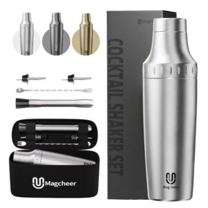 A sophisticated Magcheer cocktail shaker set, featuring a sleek vacuum - insulated shaker. Comes with multiple stylish pourers in different finishes, along with essential cocktail - making tools, all neatly organized in a branded carrying case.