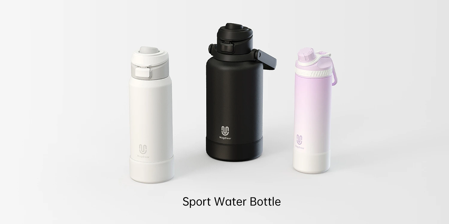 Three sport water bottles in white, black, and light purple colors, designed for fitness and daily use.