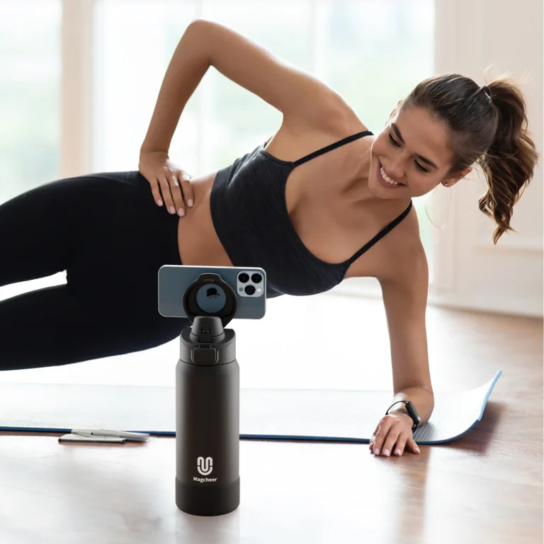 A woman in workout attire doing a side - plank on a yoga mat, with a sport water bottle supporting a smartphone for recording, in a well - lit indoor setting.